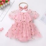 FYMNSI Newborn Infant Baby Girls Romper Dress Short Puff Sleeve Square Neck Tutu Tulle Princess Dresses with Bowknot Headband 2pcs Set - Image 4