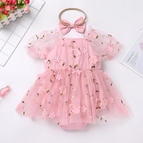 FYMNSI Newborn Infant Baby Girls Romper Dress Short Puff Sleeve Square Neck Tutu Tulle Princess Dresses with Bowknot Headband 2pcs Set - Image 4
