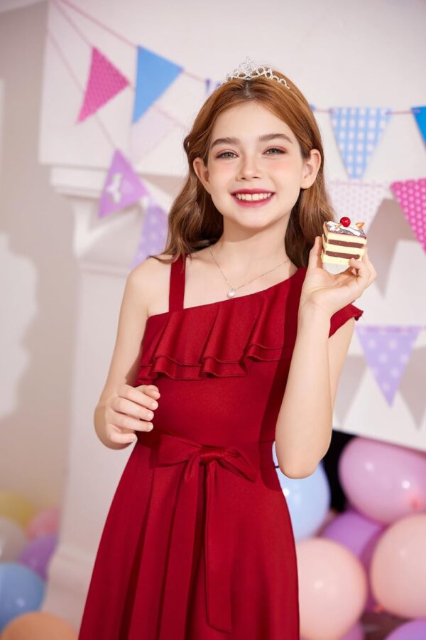 Arshiner Girls Dresses One-Shoulder Kids Dresses Summer Sleeveless Dress Ruffle Neck Elegant Party Festival Dresses Swing with Belt Dress for Girls 5-13 Years - Image 3