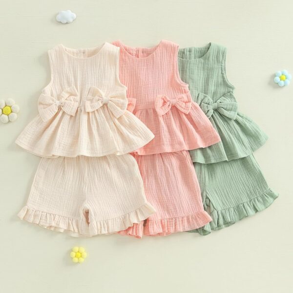 Barbotimer Toddler Girl Summer Clothes Linen Frilly Sleeveless Tank Tops Shirt with Bows Ruffle Hem Shorts Solid 2Pcs Casual Set - Image 7