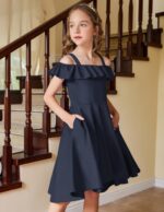 Arshiner Girls Summer Dress Off Shoulder Children's Dress Ruffle Sleeves Elegant Strap Dress Children A Line Swing Dress High Low Dress Casual Dresses with Pocket 4-13Years - Image 3