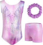 Gymnastics Leotards for Girls, Long Sleeve Kids Gymnastics Athletic Outfit with Shorts and Headband, Gradient Color Sparkling Ballet Dancing Unitards Gymnastics Outfit for Kids 5-8 Years