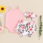 Newborn Baby Girl Summer Clothes Sleeveless Romper Bodysuit + Floral Bloomers Short + Headband Infant 3Pcs Outfit - Image 3