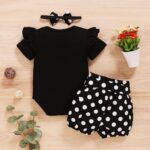 Newborn Baby Girl Set Ruffled Sleeve Romper Polka Dots Shorts Bloomers Bowknot Headband Boutique Clothes, Yxx017a-black, 0- 3 Months - Image 3