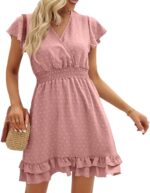 Swiss Dot Smocked Maternity Dress for Baby Shower Photoshoot Casual V Neck Ruffle Sleeve Empire Waist Tiered Boho Dress