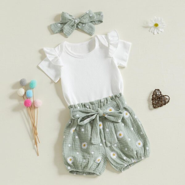 3Pcs Baby Girl Daisy Clothes Outfit Set Newborn Clothing Ruffle Bodysuit Romper + Pants Shorts + Headband Spring Summer Baby Grows 0-24 Months - Image 6