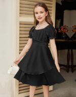 Arshiner Girls Summer Dress Puff Sleeves Chiffon Dress A-Line Tiered Dress Square Collar Children's Dress Swing Party Dresses with Belt 5-12 Years - Image 3