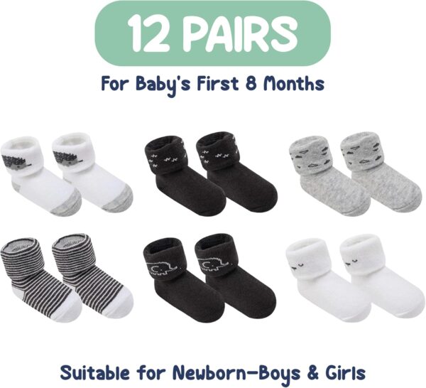 Mother's Choice Organic Cotton Baby Socks, 12 Pairs, Unisex 0-6 Months - Soft, Hypoallergenic Newborn & Infant Socks - Baby Girl & Boy Gifts, (12Pcs, Black - White - Gray) - Image 6