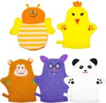 UPKOC 5pcs Baby Bath Mitt Washcloths Gloves, Cartoon Cotton Wash Towel Scrubber for Kids, Infant Bathing Mitt, Gentle Exfoliating and Cleansing Sponge Rinser Glove