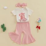 Baby Girl Summer Clothes Western Cowgirl Outfits Letter Print Short Sleeve Romper Flared Pant Bell-Bottom Bow Headband 3 Piece Set - Image 2