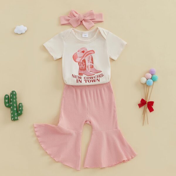Baby Girl Summer Clothes Western Cowgirl Outfits Letter Print Short Sleeve Romper Flared Pant Bell-Bottom Bow Headband 3 Piece Set - Image 2
