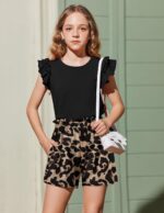 Arshiner Clothing Sets Girls Summer Solid Color T-Shirt with Shorts Outfit Children Cotton Ruffle Sleeve Clothing Set Leisure Fashion Two Piece Girl Clothes with Pocket 6-14 Years - Image 4