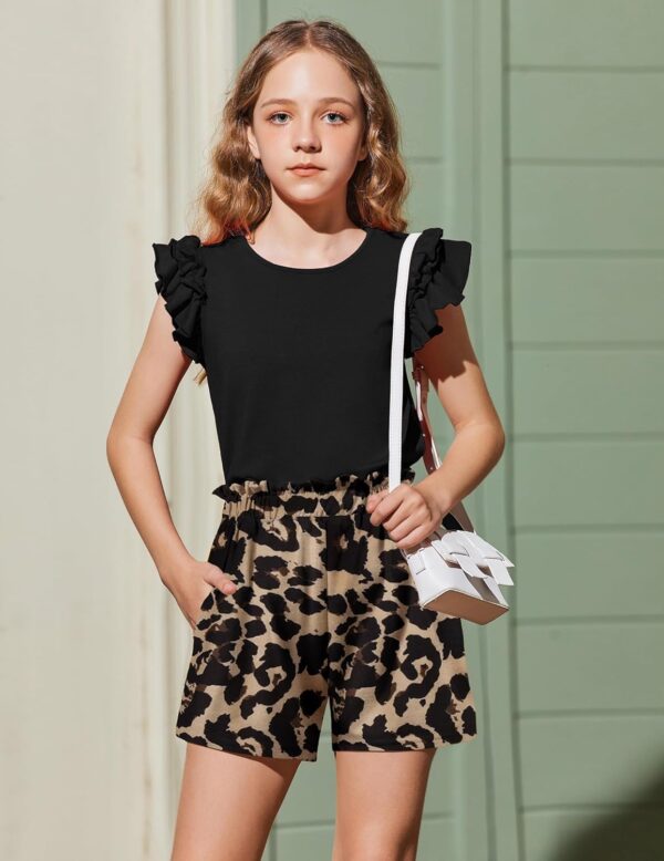 Arshiner Clothing Sets Girls Summer Solid Color T-Shirt with Shorts Outfit Children Cotton Ruffle Sleeve Clothing Set Leisure Fashion Two Piece Girl Clothes with Pocket 6-14 Years - Image 4