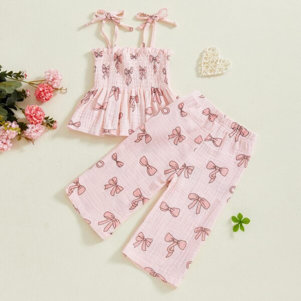 Yoisdtxc Toddler Baby Girl Clothes Summer Tie-Up Ruffle Tops Cotton Linen Pants Set Infant Smocked 2Pcs Outfit - Image 4