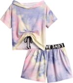 Arshiner Girls Tie-dye Clothing Sets Kids Short Sleeve Hoodie Tops with Shorts Sets Sport Casual Fashion Street Summer Outfits for Girls