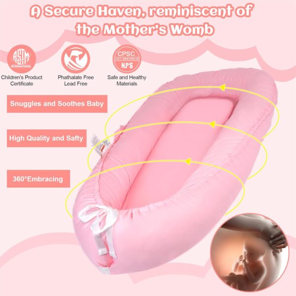 Baby Lounger - 100% Cotton Soft & Breathable Nest Lounger for Newborns to 24 Months, Portable Co-Sleeper for Boys & Girls, Perfect Baby Gift (Pink) - Image 3