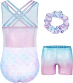 JiAmy Gymnastics Leotards for Girls with Short, Kids Athletic Crisscross Back Dancewear Gymnastics Athletic Outfit 3Pcs for Kids 3-12 Years