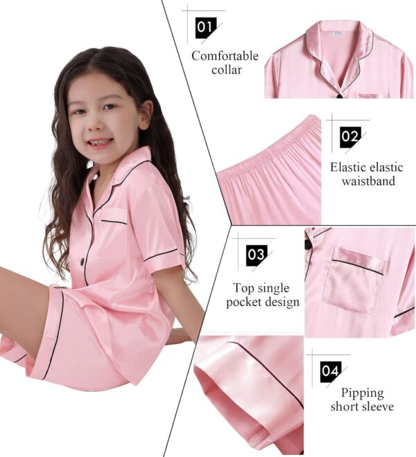 SWOMOG Kids Silk Pyjamas Girls Boys Short Sleeve Satin PJs Sets Button-Down Silky Nightwear Children Sleepwear Teens Age 4-16 - Image 4