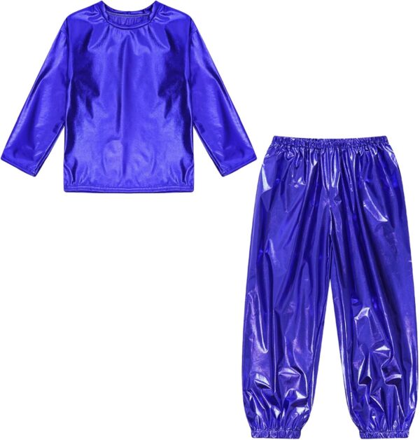 YiZYiF Kids Boys Girls Jazz Hip Hop Street Dance Clothes Shiny Metallic Long Sleeve T-Shirt with Harem Pants Set Dancewear - Image 3