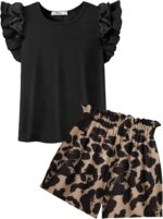 Arshiner Clothing Sets Girls Summer Solid Color T-Shirt with Shorts Outfit Children Cotton Ruffle Sleeve Clothing Set Leisure Fashion Two Piece Girl Clothes with Pocket 6-14 Years