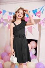 Arshiner Girls Dresses One-Shoulder Kids Dresses Summer Sleeveless Dress Ruffle Neck Elegant Party Festival Dresses Swing with Belt Dress for Girls 5-13 Years - Image 3
