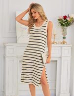 Meetjen Women's Summer Sundresses Casual Sleeveless Hollow Out Ribbed Knit Side Slit Striped Midi Tank Beach Dress - Image 5