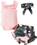 Loodgao Baby Girls Summer Outfits Sleeveless Ruffles Romper + Camo Bloomers + Headband Clothes Set