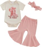 Baby Girl Summer Clothes Western Cowgirl Outfits Letter Print Short Sleeve Romper Flared Pant Bell-Bottom Bow Headband 3 Piece Set