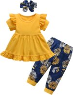Toddler Baby Girl Clothes Solid Color Short Sleeve Ruffle Tops Flower Pants Outfits Sets