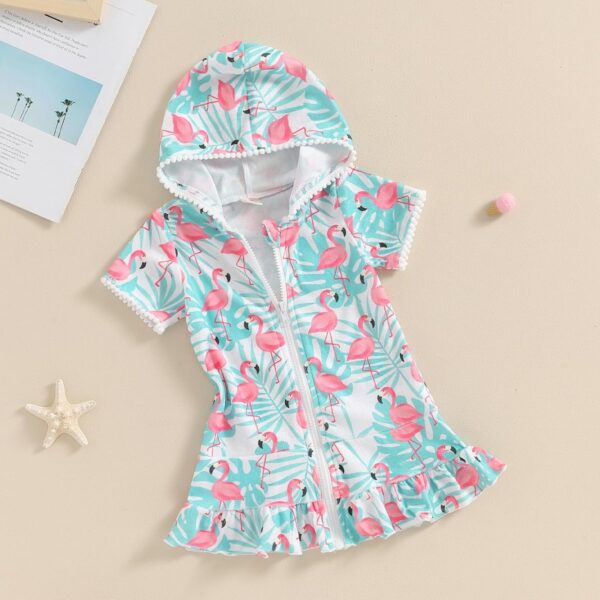 Toddler Kids Baby Girl Swimsuit Cover Up Hooded Zip Up Beach Bathing Suit Short Sleeve Summer Dress Swimwear - Image 3