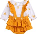 De feuilles Baby Girls Ruffle Peter Pan Collar Long Sleeve Shirt Tops with Strap Romper Jumpsuit Bloomers Shorts 2pcs Outfits Set - Image 3