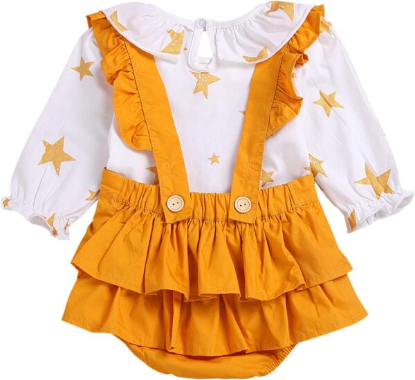 De feuilles Baby Girls Ruffle Peter Pan Collar Long Sleeve Shirt Tops with Strap Romper Jumpsuit Bloomers Shorts 2pcs Outfits Set - Image 3