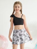 Girls 3 Piece Swimsuits Ruffle Sleeve Bikini Set with Tropical Cover Up Skirts High Waist Bathing Suit Bikini Tops Pants Summer Holiday Beachwear for Kids Teen 9-16 Years - Image 3