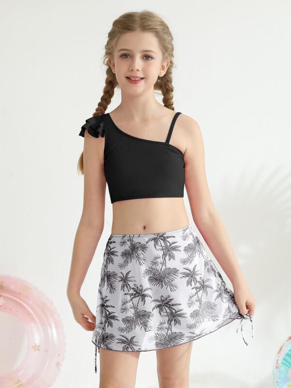 Girls 3 Piece Swimsuits Ruffle Sleeve Bikini Set with Tropical Cover Up Skirts High Waist Bathing Suit Bikini Tops Pants Summer Holiday Beachwear for Kids Teen 9-16 Years - Image 3
