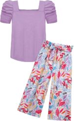 Arshiner Girls Clothing Sets Kids Fashion T-shirts with Trousers Set Puff Sleeves Top with Printed Trousers Set Summer Casual Outfits for Girls 5-14 Years