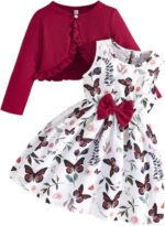 De feuilles Kids Toddler Girls Dress with Cardigan 2 Piece Outfits Set Floral Sleeveless Dress and Long Sleeve Ruffled Cardigan Bolero Shrug Coat