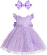 IDOPIP Baby Girls Toldder Girls Flutter Sleeve Sequins Strawberry Floral Embroidered Ruffle Sleeve Tulle Dress with Headband Party Wedding Dress