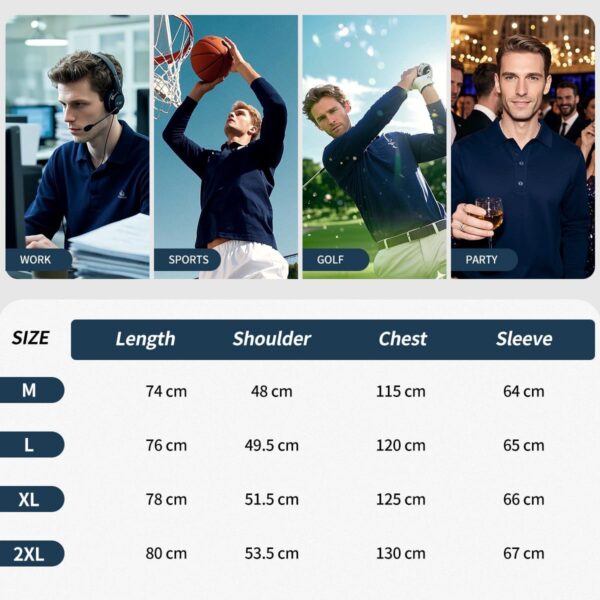 Mens Polo Shirts Casual Solid Color Long Sleeve T-Shirt Golf Tops - Image 6