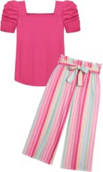 Arshiner Girls Clothing Sets Kids Fashion T-shirts with Trousers Set Puff Sleeves Top with Printed Trousers Set Summer Casual Outfits for Girls 5-14 Years