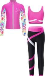 iEFiEL 3Pcs Kids Girls Sports Outfits Sleeveless Crop Top with Athletic Leggings and Long Sleeve Jacket Set Tracksuit