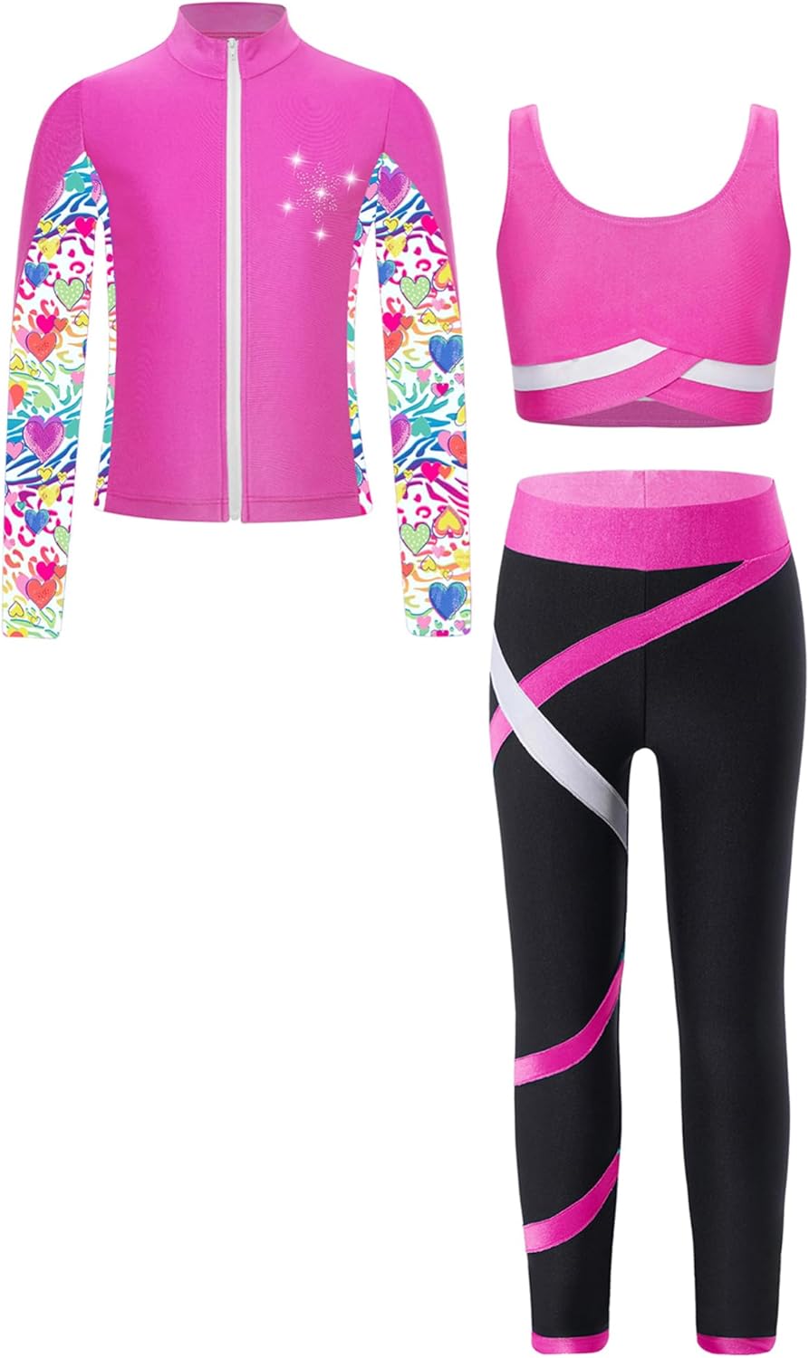71m8Xrut4tL._AC_SL1500_.jpg iEFiEL 3Pcs Kids Girls Sports Outfits Sleeveless Crop Top with Athletic Leggings and Long Sleeve Jacket Set Tracksuit - Image 1