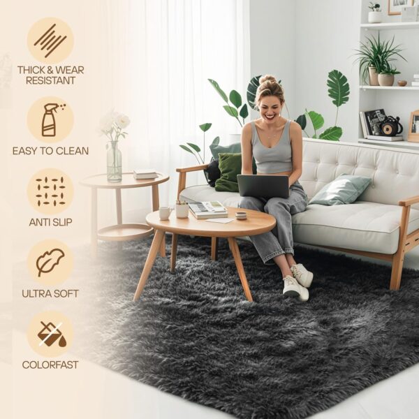 Rugs Living Room - 120x180cm Dark Grey Large Rug for Living Room - Ultra Soft Fluffy Shaggy Rugs for Bedroom, Indoor Nursery Carpets for Kids Room Home Decor, Non Shedding, Anti-Slip Backing - Image 3