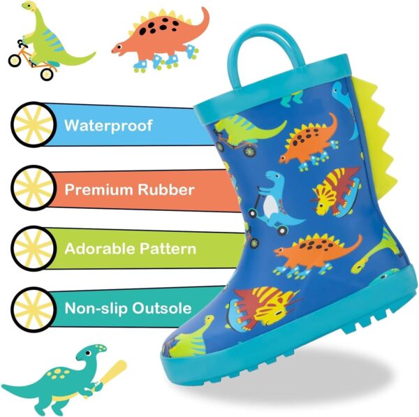FUNCOO PLUS Toddler Wellies Kids Rubber Wellington Boots Waterproof Rain Boots for Boys and Girls with Handles in Fun Pattern - Image 2