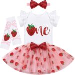FYMNSI Baby Girls 1st Birthday Cake Smash Outfit Short Sleeve Romper Tutu Skirt Heabdand Leg Warmers 4pcs Set
