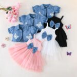 Yanmucy Toddler Baby Girls Dress With Puffy Sleeves Denim Blue Jacket Set 2PCS Little Girls Sleeveless Tulle Tutu Dress Short Sleeve Polka Dot Ruffle Coat Top Outfits - Image 7