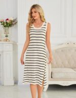 Meetjen Women's Summer Sundresses Casual Sleeveless Hollow Out Ribbed Knit Side Slit Striped Midi Tank Beach Dress - Image 3