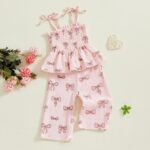 Yoisdtxc Toddler Baby Girl Clothes Summer Tie-Up Ruffle Tops Cotton Linen Pants Set Infant Smocked 2Pcs Outfit - Image 3