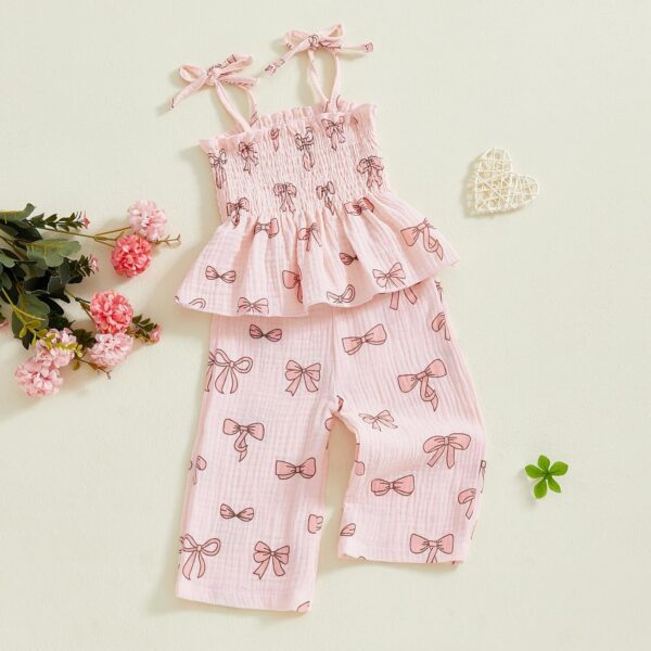 Yoisdtxc Toddler Baby Girl Clothes Summer Tie-Up Ruffle Tops Cotton Linen Pants Set Infant Smocked 2Pcs Outfit - Image 3