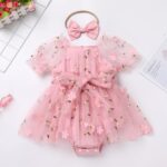 FYMNSI Newborn Infant Baby Girls Romper Dress Short Puff Sleeve Square Neck Tutu Tulle Princess Dresses with Bowknot Headband 2pcs Set - Image 3