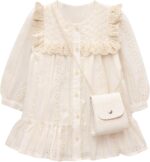 Lilax Toddler Girls' Long Sleeve Lace Embroidered Button Down Dress with Matching Bag